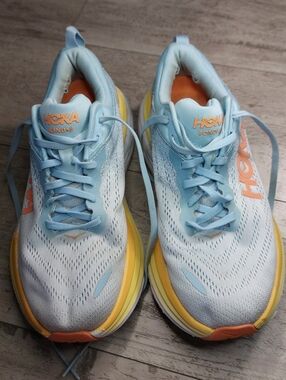 HOKA Women's Light Blue and Yellow Clifton 9  Running Shoes